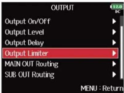 ZOOM F8n Pro - Avec , sélectionnez « Output Limiter » (limiteur de sortie), et pressez . - 2