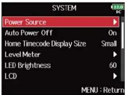 ZOOM F8n Pro - Avec, sélectionnez « Power Source » (source d'alimentation), et pressez . - 2