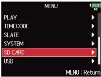 ZOOM F8n Pro - Avec, sélectionnez « SD CARD » (carte SD), et pressez . - 2