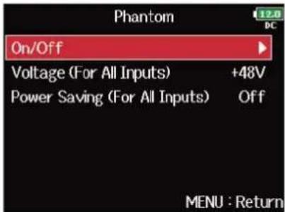 ZOOM F8n Pro - Avec, sélectionnez « Phantom » (alimentation fantôme), et pressez. - 4