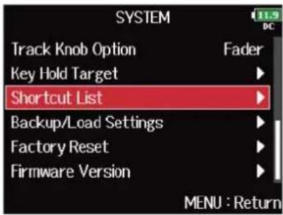 ZOOM F8n Pro - Vérification de la liste des raccourcis du F8n Pro (Shortcut List) - 4