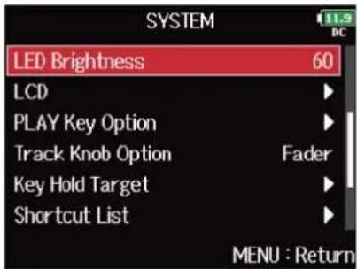 ZOOM F8n Pro - Avec, sélectionnez « LED Brightness » (luminosité des LED), et pressez . - 2