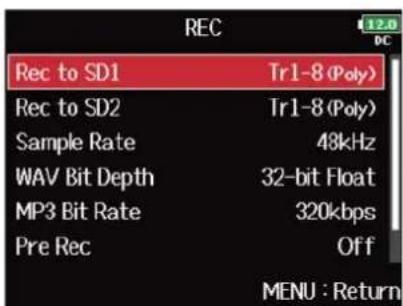 ZOOM F8n Pro - Avec ⬤, sélectionnez « Rec to SD1 » (enregistrer sur carte SD1)/« Rec to SD2 » (enregistrer sur carte - 1