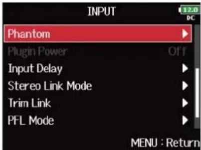 ZOOM F8n Pro - Avec, sélectionnez « Phantom » (alimentation fantôme), et pressez . - 2