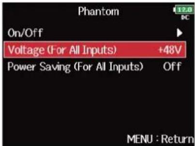 ZOOM F8n Pro - Avec ⬤, sélectionnez « Voltage (For All Inputs) » (tension pour toutes les entrées), et pressez ⬤. - 1