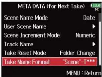 ZOOM F8n Pro - Avec, sélectionnez « Take Name Format » (format de nom de prise), et pressez . - 2