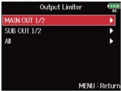 ZOOM F8n Pro - Avec , sélectionnez « Output Limiter » (limiteur de sortie), et pressez . - 4