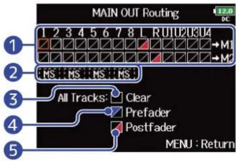 ZOOM F8n Pro - Avec ⏻, sélectionnez la piste à envoyer en sortie MAIN OUT 1 ou MAIN OUT 2, et pressez ⏻. - 1