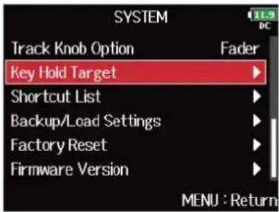 ZOOM F8n Pro - Avec, sélectionnez « Key Hold Target » (touches à bloquer), et pressez . - 2