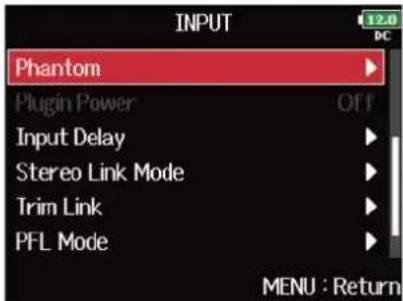 ZOOM F8n Pro - Avec, sélectionnez « Phantom » (alimentation fantôme), et pressez . - 2