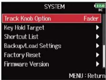 ZOOM F8n Pro - Avec ⬤, sélectionnez « Track Knob Option » (fonction des boutons de piste), et pressez ⬤. - 1