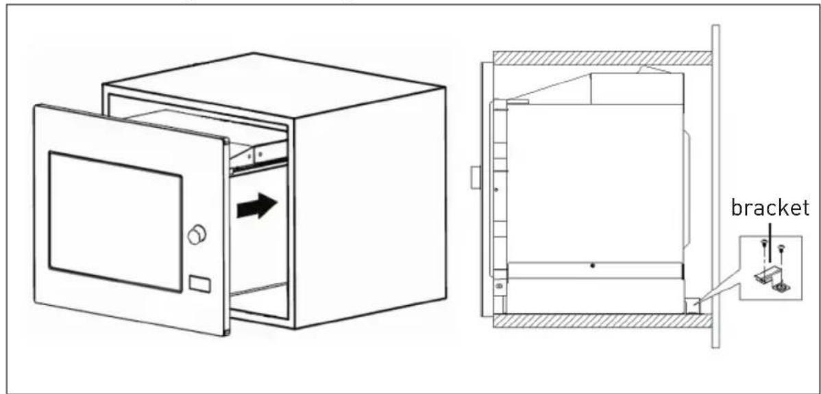 Technical diagram showing a closed storage cabinet with an arrow indicating direction, alongside its exploded view with a bracket labeled 'bracket'.