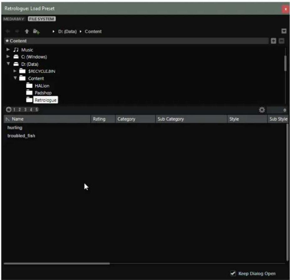 STEINBERG Retrologue 2 - Boîte de dialogue de chargement - Page File System - 1