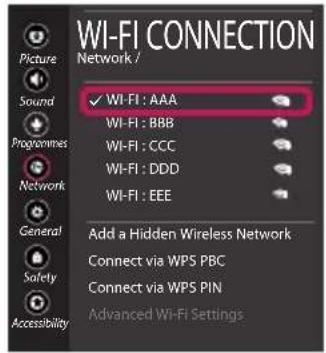 WI-FI CONNECTION Network / ✓ WI-FI : AAA WI-FI : BBB WI-FI : CCC WI-FI : DDD WI-FI : EEE Add a Hidden Wireless Network Connect via WPS PBC Connect via WPS PIN Advanced WI-FI Settings