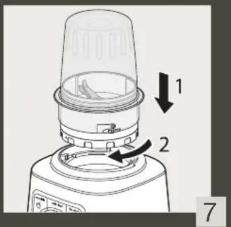 Diagram of a blender with labeled parts and directional arrows indicating component positioning