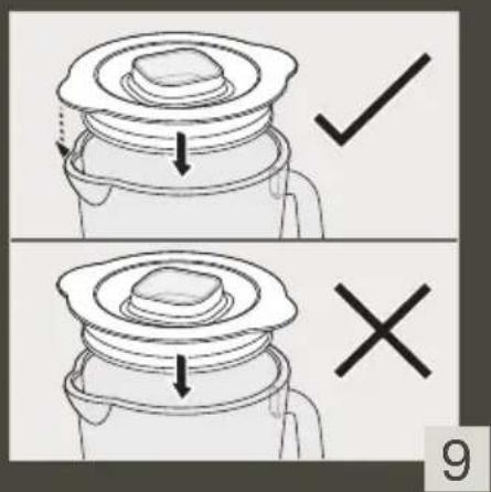 Diagram showing two steps of a lid or container with check and cross icons, indicating correct and incorrect states.