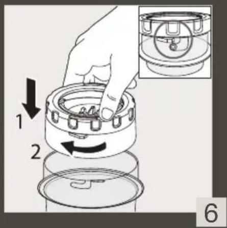 Diagram showing a hand pressing a mechanical component with labeled parts and directional arrows indicating motion or assembly.