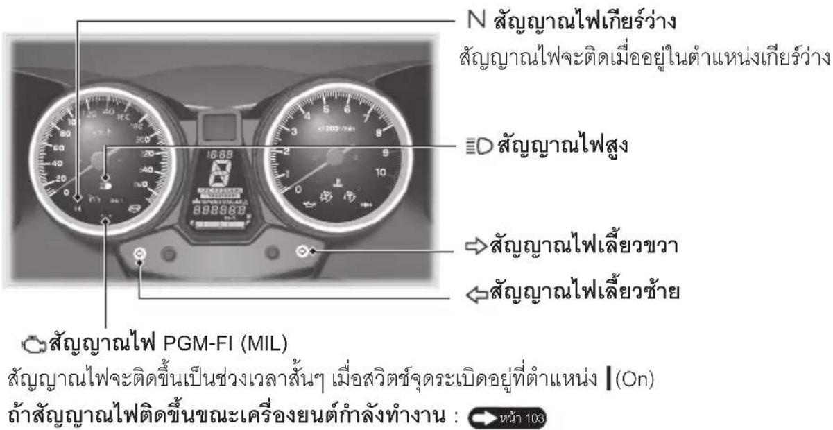 N สัญญาณไฟเกียร์ว่าง สัญญาณไฟจะติดเมื่ออยู่ในตําแหน่งเกียร์ว่าง D สัญญาณไฟสูง → สัญญาณไฟเลี้ยวขวา ← สัญญาณไฟเลี้ยวซ้าย สัญญาณไฟ PGM-FI (MIL) สัญญาณไฟจะติดขึ้นเป็นช่วงเวลาสั้นๆ เมื่อสวิตซ์จุดระเบิดอยู่ที่ตําแหน่ง | (On) ถ้าสัญญาณไฟติดขึ้นขณะเครื่องยนต์กําลังทำงาน : หน้า 103