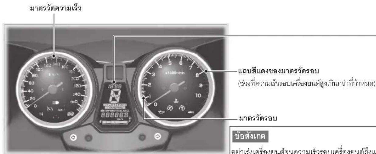 มาตรฐานความเร็ว 18:00 60 40 20 0 N 888888 x1000r/min แบบสีแดงของมาตรฐานรอบ (ช่วงที่ความเร็วรอบเครื่องยนต์สูงเกินกว่าที่กำหนด) มาตรฐานรอบ ข้อสังเกต อย่าเร่งเครื่องยนต์จนความเร็วรอบเครื่องยนต์ถึงแ