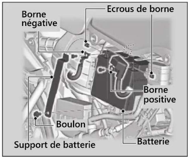 Borne négative Ecrous de borne Borne positive Boulon Support de batterie Batterie