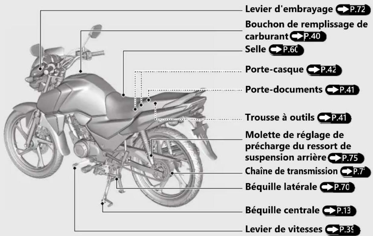 Levier d'embrayage P.72 Bouchon de remplissage de carburant P.40 Selle P.60 Porte-casque P.42 Porte-documents P.41 Trousse à outils P.41 Molette de réglage de précharge du ressort de suspension arrière P.75 Chaîne de transmission P.7 Béquille latérale P.70 Béquille centrale P.13 Levier de vitesses P.39