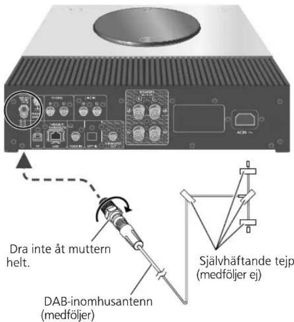 Dra inte åt muttern helt. DAB-inomhusantenn (medföljer) Självhäftande tejp (medföljer ej)