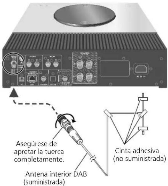 Asegúrese de apretar la tuerca completamente. Antena interior DAB (suministrada) Cinta adhesiva (no suministrada)