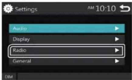 Settings Audio Display Radio General DIM AM 10:10