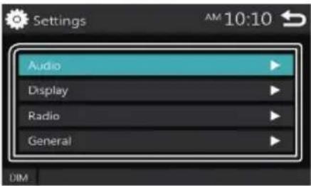 Settings Audio Display Radio General DIM AM 10:10