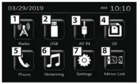 03/29/2019 AM 10:10 1 Radio 2 USB 3 AV IN 4 SD 5 Phone 6 Streaming 7 Settings 8 Mirror Link
