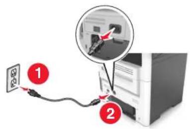 Diagram showing cable connection to printer with labeled parts and magnified detail view