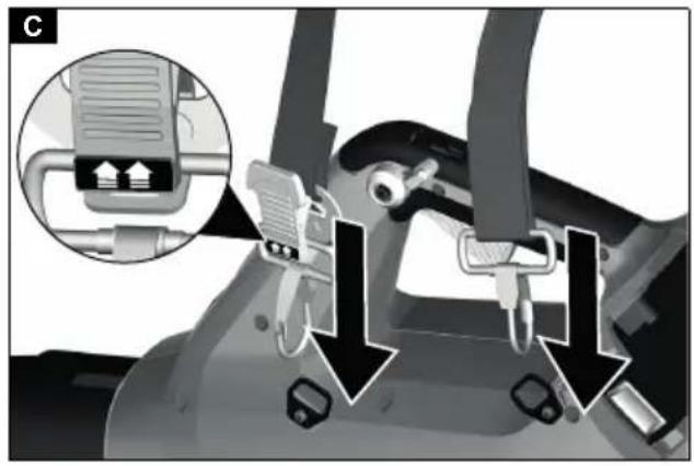 Diagram showing car seatbelt usage with labeled parts and directional arrows indicating movement or repair steps
