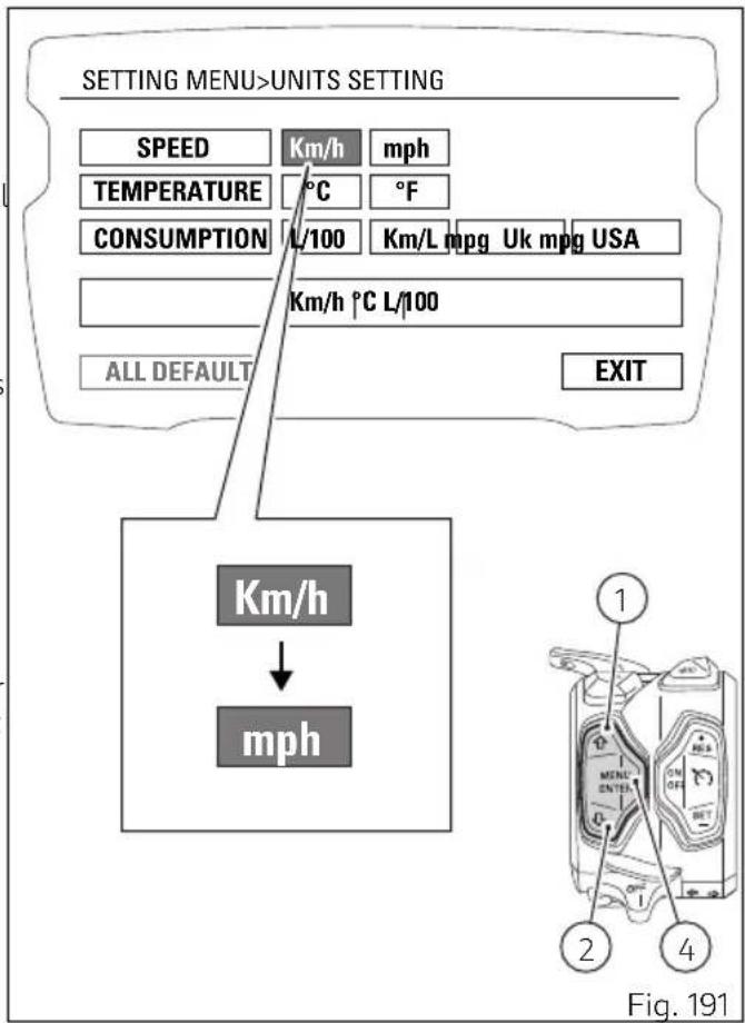 DUCATI Diavel 1260 S (2022) - Menu de configuration - configuration unités de mesure (UNITS SETTING) - 3