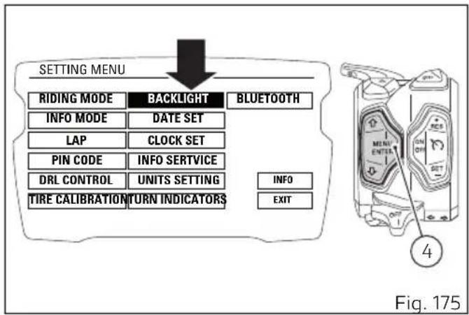 DUCATI Diavel 1260 S (2022) - Menu de configuration - réglage rétro-éclairage (BACKLIGHT) - 1