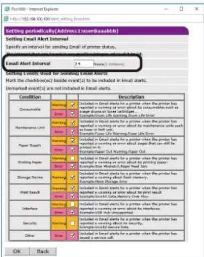 OKI Pro1050 - 对于 [Email Alert Interval（邮件警告间隔）]，请指定邮件发送间隔。 - 1