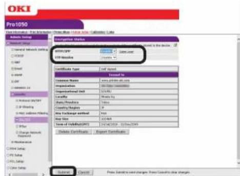 OKI Pro1050 - 执行此操作流程的步骤 1 至 3 显示加密（SSL/TLS）设置屏幕，然后配置协议设置以启用加密。 - 1