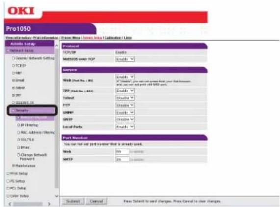 OKI Pro1050 - 按以下顺序依次点击：[Admin Setup（管理员设置）] > [Network Setup（网络设置）] > [Security（安全性）]。 - 1