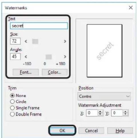 OKI Pro1050 - 在“水印”屏幕上，在[文本（Text）]中输入文本，然后配置[尺寸（Size）]以及其他设置。 - 1