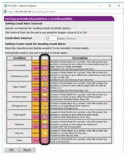 OKI Pro1050 - 在[Setting Events Used for Sending Email Alerts（设置用于发送电子邮件警报的事件）]中，勾选要通知的错误类型的复选框。 - 1