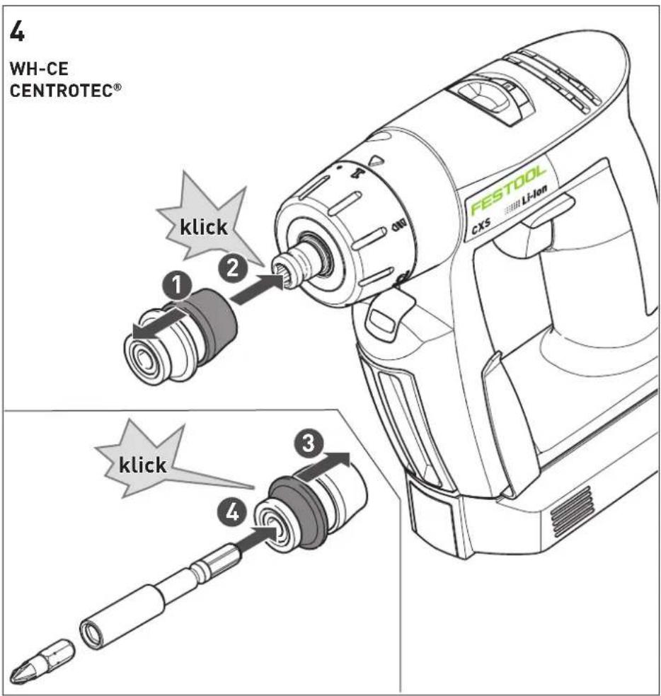 4 WH-CE CENTROTEC® FESTOOL CXS Li-Ion klick 1 2 3 4 klick