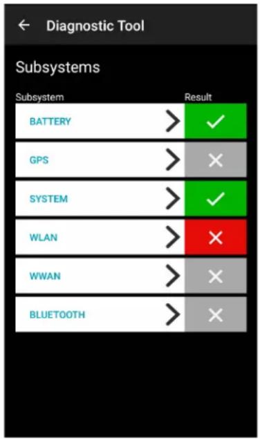 Diagnostic Tool Subsystems Subsystem Result BATTERY > ✓ GPS > × SYSTEM > ✓ WLAN > × WWAN > × BLUETOOTH > ×