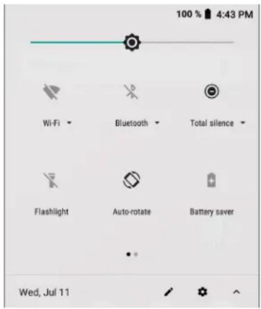 100 % 4:43 PM Wi-Fi Bluetooth Total silence Flashlight Auto-rotate Battery saver Wed, Jul 11