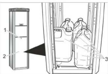 Diagram showing a refrigerator with labeled parts and a close-up of internal containers with numbered annotations.