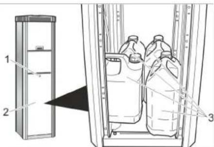 Diagram showing a refrigerator with labeled parts and a close-up of three bottles inside a container, likely illustrating a storage or cleaning process.