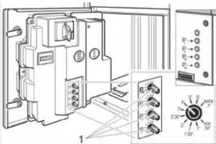 Technical diagram of an electrical switchgear system with labeled components and a close-up view showing rotary switches and terminal labels.