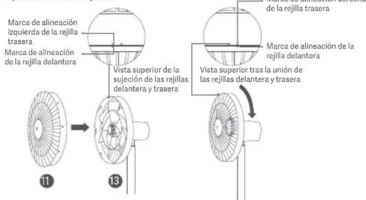 Marca de alineación izquierda de la rejilla trasera Marca de alineación de la rejilla delantera Vista superior de la sujeción de las rejillas delantera y trasera de la rejilla trasera Marca de alineación de la rejilla delantera Vista superior tras la unión de las rejillas delantera y trasera 11 13