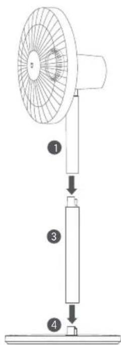 Diagram of a fan assembly with numbered steps showing installation and mounting mechanism