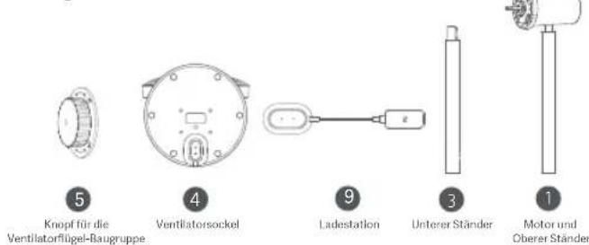 Knopf für die Ventilatorflügel-Baugruppe 4 Ventilatorsockel 9 Ladestation 3 Unterer Ständer 1 Motor und Oberer Ständer