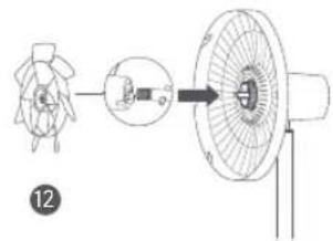 Diagram showing a fan assembly process with labeled parts and directional arrow