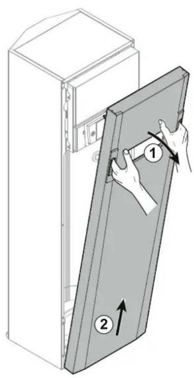 Diagram showing a door opening with labeled parts and directional arrows indicating movement or force, likely illustrating a door or cabinet mechanism.